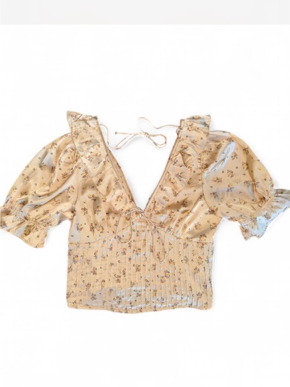 Free People Small Crop Short Sleeve V-Neck corset Ruffle Bow Cottage Coquette